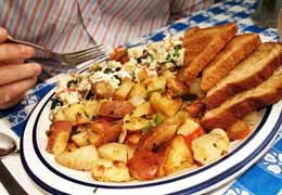 Big Breakfast with Fried Potatoes, Eggs, Toast