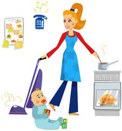 Busy housewife cleaning and organizing