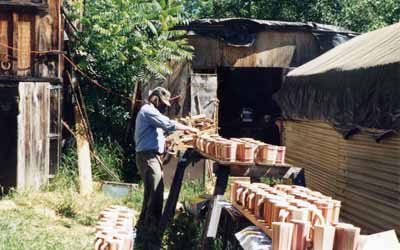 Working outdoors when the sun shines. The center building is the 10x10 chicken coop used as a shop for five years.