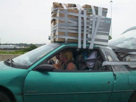 duct taped box on car.