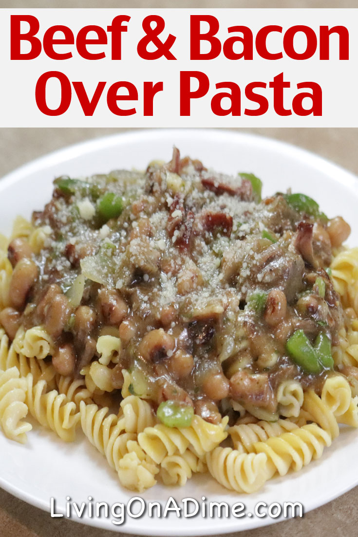 This beef and bacon pasta recipe is an easy recipe that is a great way to use leftover roast. It makes a hearty and delicious comfort food meal that husbands and kids will love!