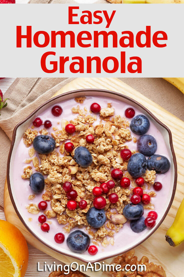 This easy homemade granola recipe is easy to make, super yummy and is less expensive than store bought granola. It's a tasty way to save on your food bill!