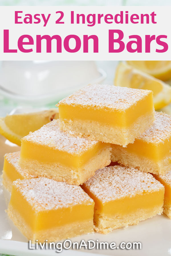 This easy 2 ingredient lemon bars recipe makes a super yummy dessert! The lemony flavor, creamy texture and powdered sugar meld to make a dessert that is magical!