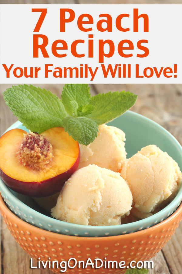 Here are 7 tasty peach recipes your family will love including an easy peach cobbler recipe, peach tea and more! This is a great way to enjoy that yummy taste of fresh summer peaches, while you take advantage of summer sales on peaches or use your leftover peaches! All of these are fresh peach recipes and you can use canned peaches with most of them if you like!