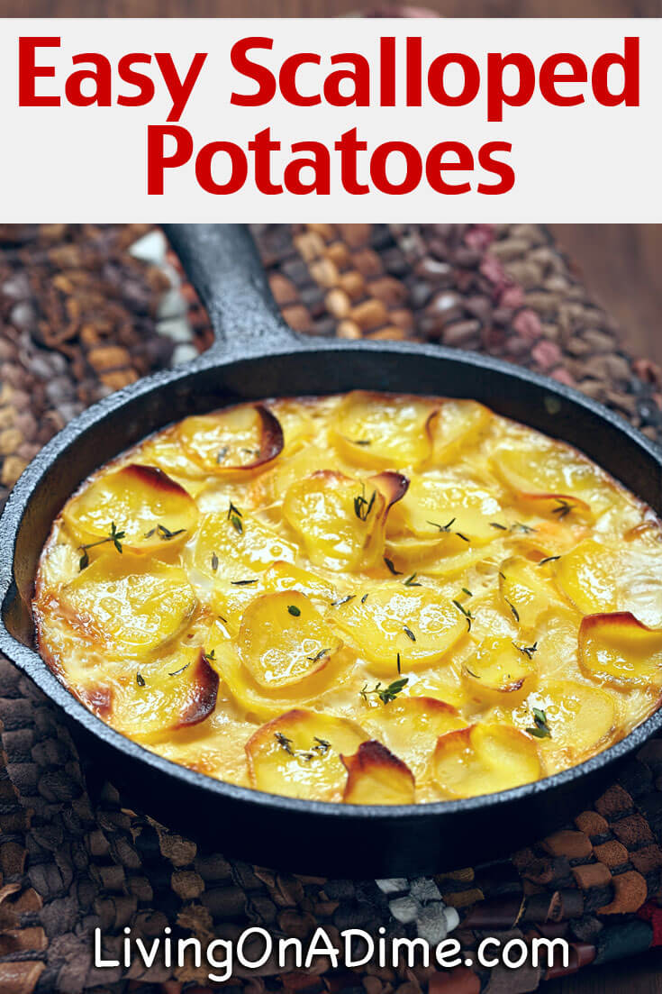 This easy scalloped potatoes recipe makes a super yummy potato side dish to serve alongside your favorite ham or chicken dinner! It's super cheesy adn delicious!