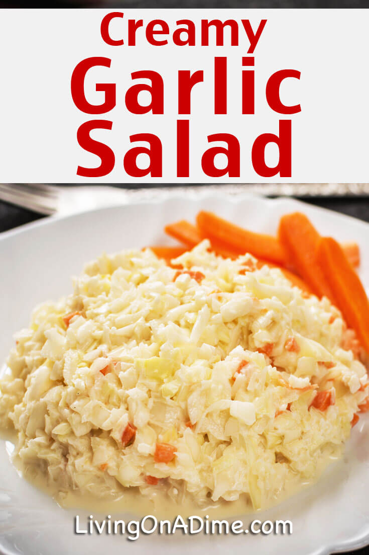 This easy homemade creamy garlic salad recipe has been a family favorite since I was a little girl! It's so easy to make and it's a super creamy and delicious salad recipe! It makes a great cool side dish for any meal, especially for barbecues and picnics and hot days! If you haven't had it yet, you've got to try it!