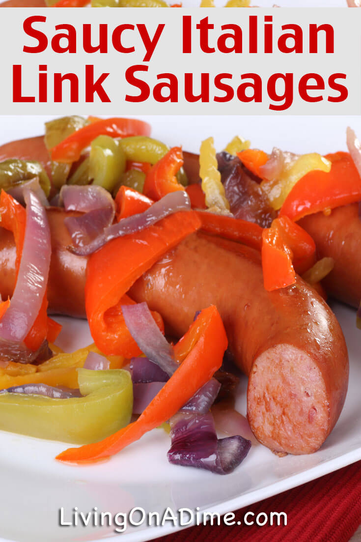 This delicious saucy Italian link sausages recipe makes a quick and easy easy crockpot meal! This post also includes an easy meal plan and a recipe for a yummy homemade Greek salad!