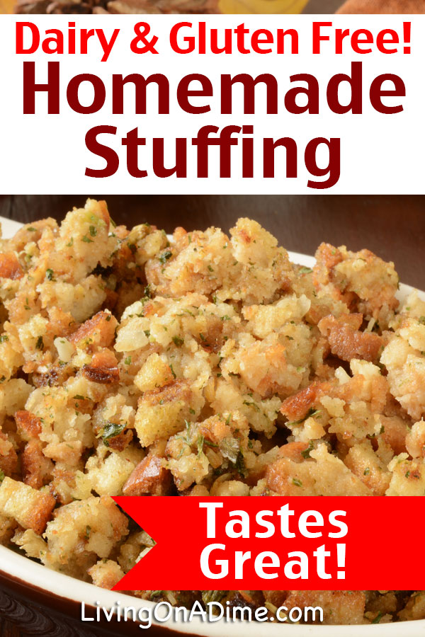 This is my grandmother's classic stuffing, modified to be a dairy free gluten free stuffing recipe - And it tastes great! Now you don't have to be left out when it comes to yummy Thanksgiving traditional stuffing recipe made with bread, sausage and more!
