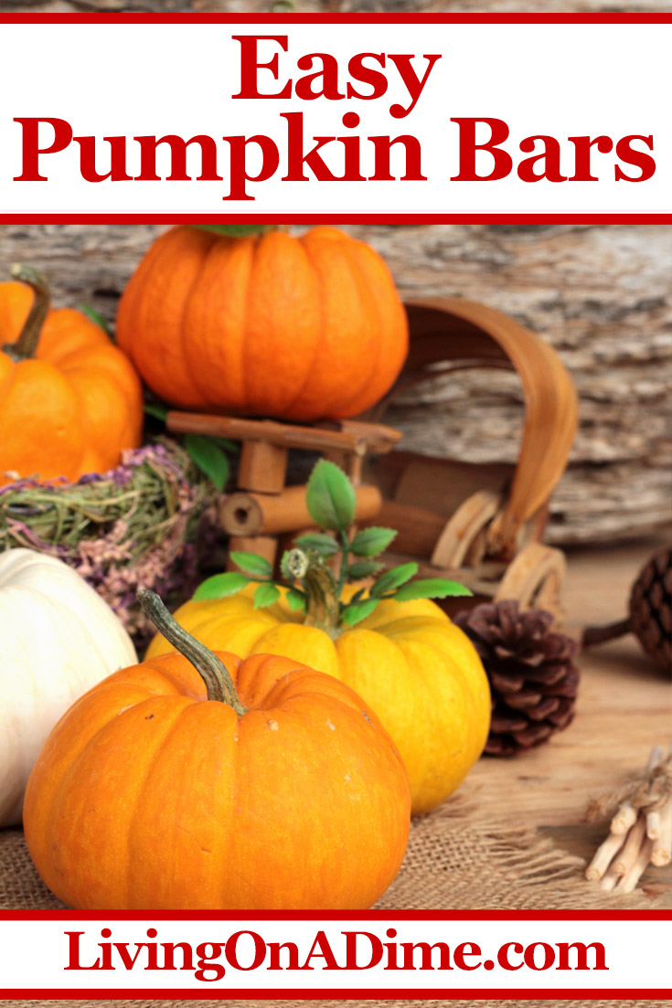 This easy pumpkin bars recipe makes super delicious spice bars with a cake like consistency! It's a wonderful treat and a great way to use pumpkin!