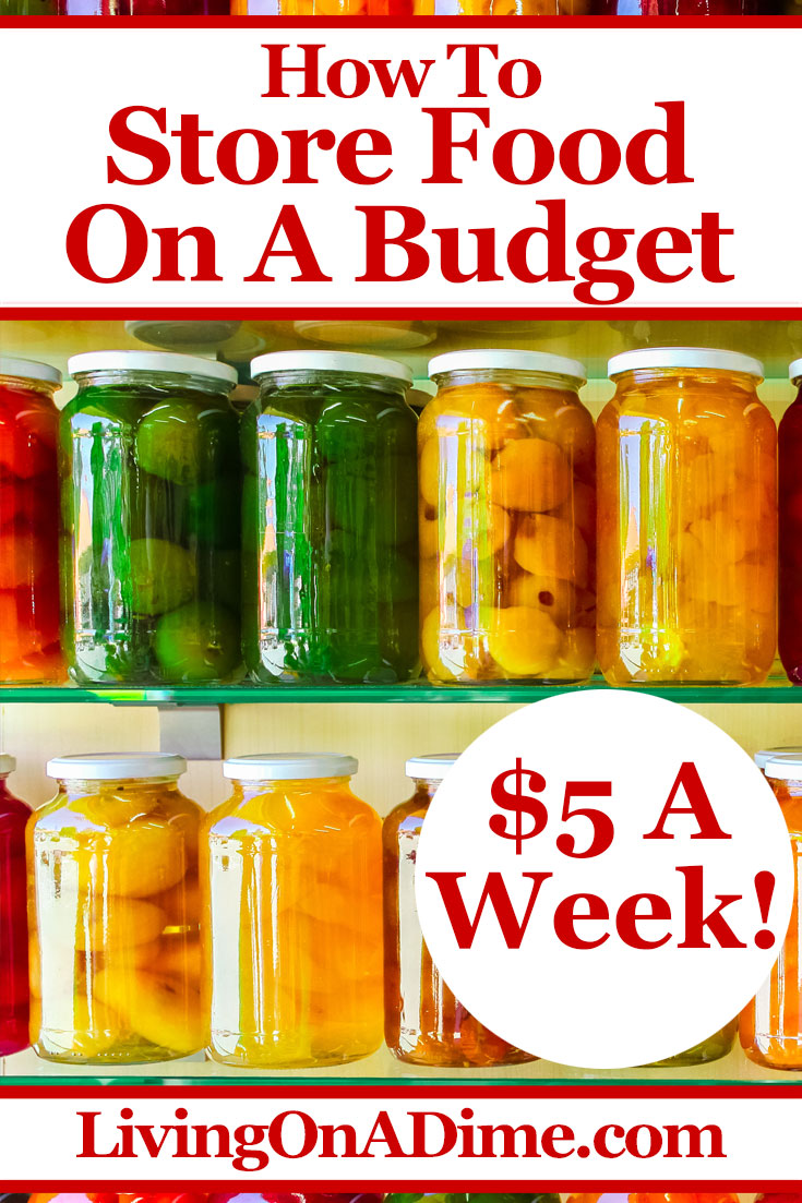 Here's how to store food on a budget for as little as $5 per week! A home stockpile is not just for emergencies. It is one of the BEST ways to save money on groceries because you can always shop for food at the best prices Here's how to do it!