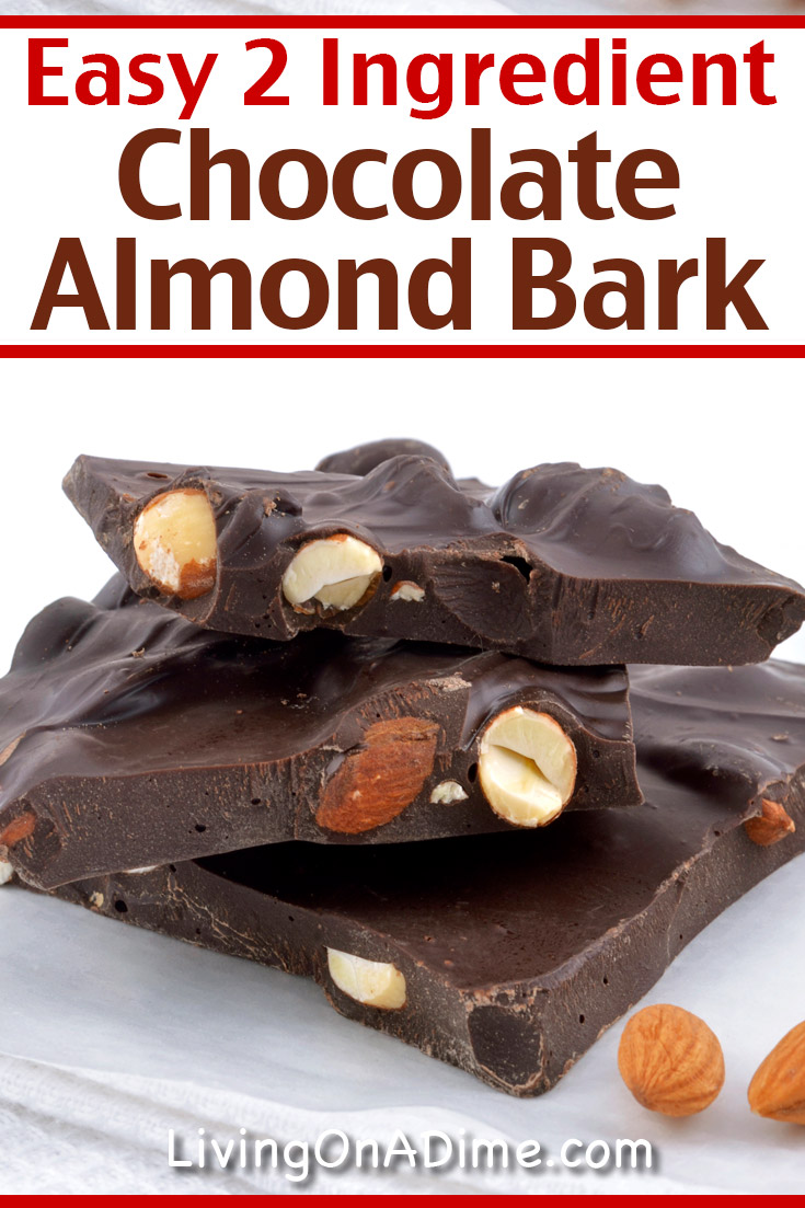 This 2 ingredient chocolate almond bark recipe makes a rich and delicious classic almond bark treat! I prefer making it with dark chocolate and salted almonds! Yum! Find this and lots more easy Christmas candy recipes with 2 ingredients here!