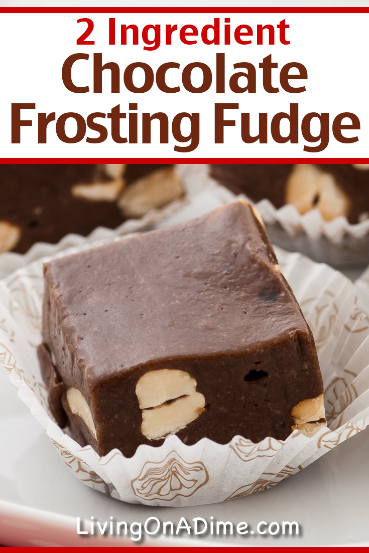 This 2 ingredient chocolate frosting fudge recipe makes a smooth, creamy chocolate fudge you're sure to love! Throw in your favorite nuts for a nutty, creamy dream! Find this and lots more easy Christmas candy recipes with 2 ingredients here! Find this and lots more easy Christmas candy recipes with 2 ingredients here!