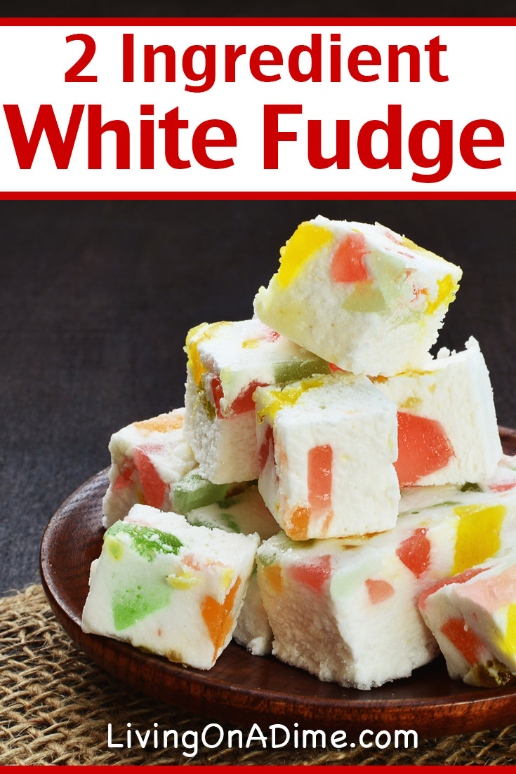 This 2 ingredient white fudge recipe is perfect if you prefer smooth, creamy white chocolate over regular chocolate! For a little more adventure, try throwing in some colorful gumdrops, almonds, walnuts or coconut! Find this and lots more easy 2 ingredient Christmas candy recipes here!