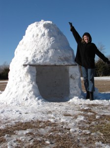 the homemade igloo is taller than Elly