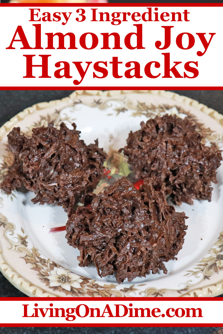These 3 ingredient Almond Joy haystacks are a super yummy variation on my husband Mike's favorite Christmas candy, coconut haystacks! They're super easy and quick to make and this version tastes like an Almond Joy candy bar! Find this and lots more easy Christmas candy recipes with 3 ingredients or less here!