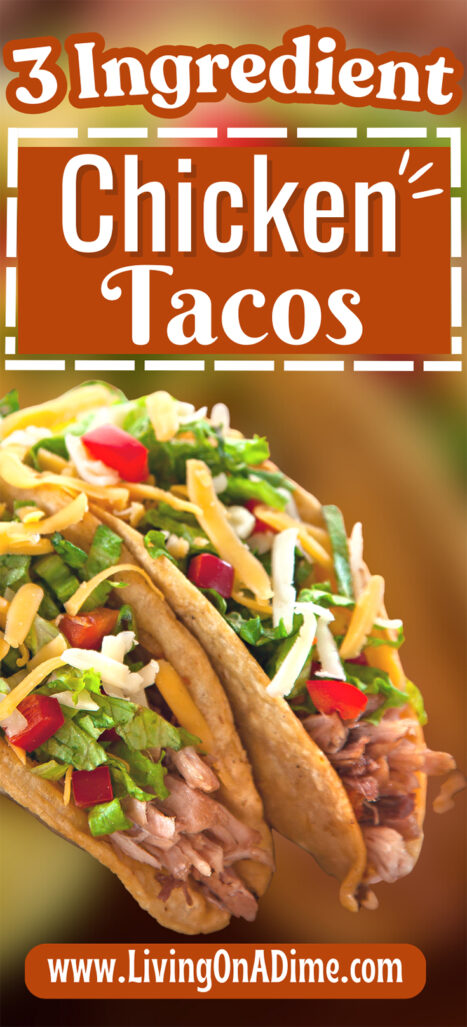 This quick and easy 3 ingredient chicken tacos recipes will satisfy your family and get you in and out of the kitchen fast! Easy crockpot recipe!