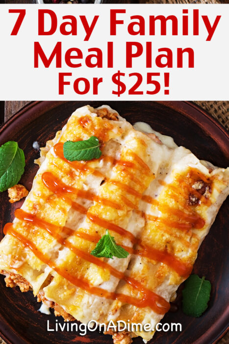 Here is a 7 Day Meal Plan for a family of 4 that you can make for as little as $25! This includes cheap, quick and easy family meals great for families with kids. These meals are easy to make and you'll also find easy and tasty recipes!