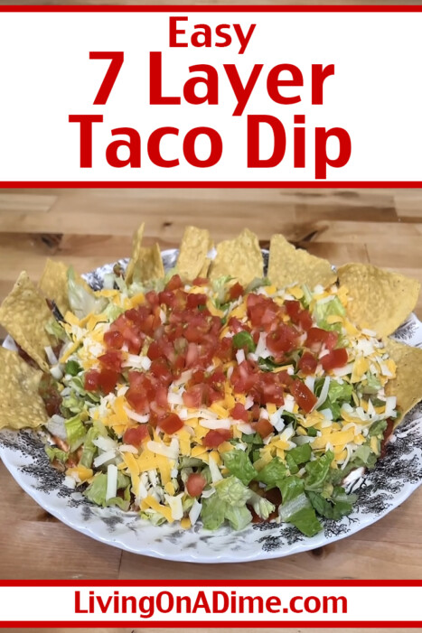 Easy 7 layer taco dip recipe loaded with creamy layers, melty cheese, fresh toppings, and bold Tex-Mex flavor—an easy party dip everyone will devour!