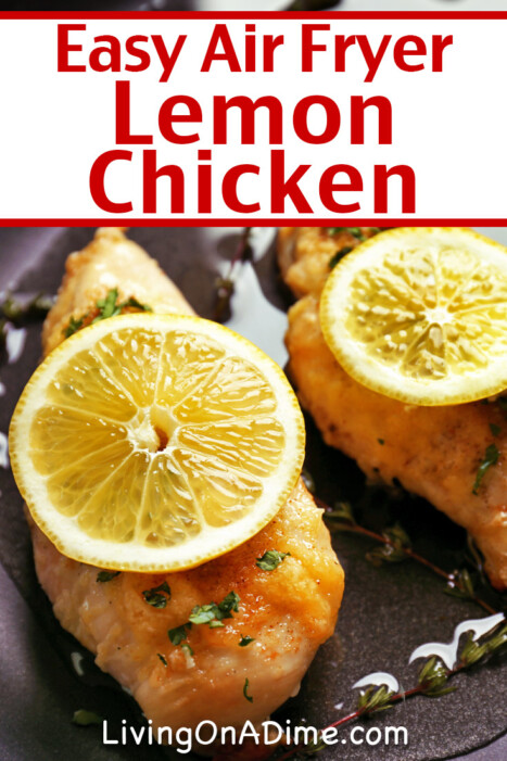 This easy air fryer lemon chicken recipe makes another juicy and tasty chicken main dish. With lemon and pepper, this savory chicken recipe is more bold than our other air fryer chicken breast recipes. This recipe is also great served with rice or pasta and the vegetable of your choice.