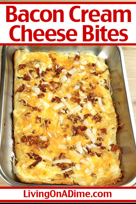 These bacon cream cheese bites are an easy crescent rolls recipe that make a tasty pizza-style snack or lunch item. The bacon, onions and cream cheese give it a rich and savory flavor, perfect for party foods or served as a quick lunch item.