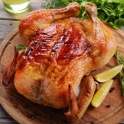 This easy roast chicken recipe makes moist, delicious chicken. Spend 5 to 10 minutes preparing it, add carrots and potatoes and you're done with dinner!