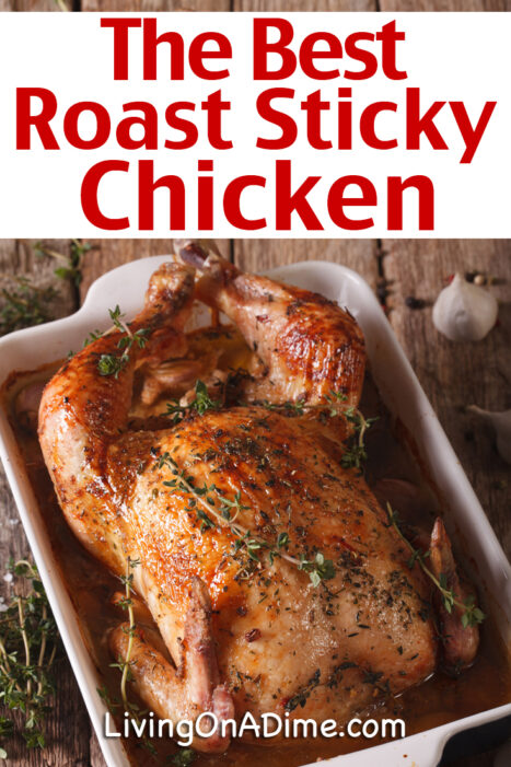 This easy roast sticky chicken recipe is a great way to roast a large chicken! It is very easy to make and makes a great deli style chicken like your favorite rotisserie chicken. The meat comes out very moist and flavorful. This is the only way I will roast chicken now! It also makes wonderful leftovers!