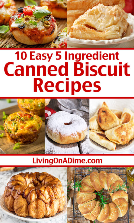 Here are 10 canned biscuit recipes you can use to make tasty meals fast! You'll find easy mini pizzas, apple turnovers, donuts and more! These canned biscuit recipes are super simple recipes you can make starting with canned biscuits and they all require 5 ingredients or less to make!