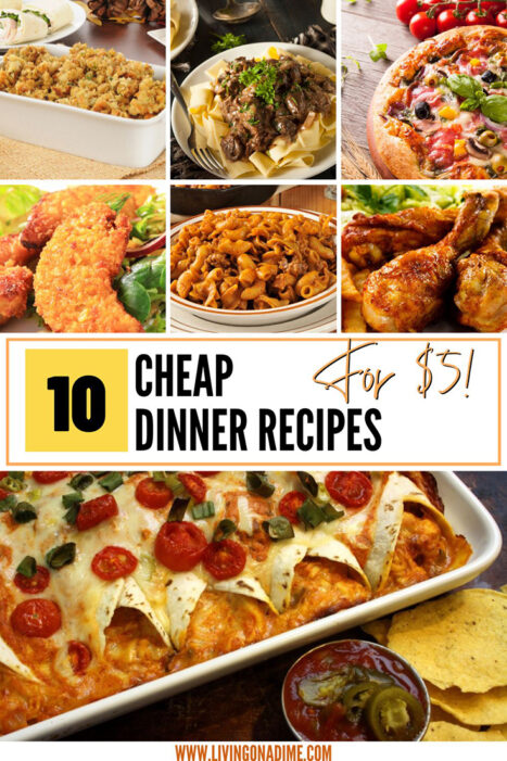 Here are 10 cheap dinner recipes to get dinner on the table fast! Grocery prices are on the rise but that doesn't mean you can't still have have an inexpensive but nutritious and tasty home cooked dinner in just minutes! All of these recipes cost less than $5.00 for the entire thing!