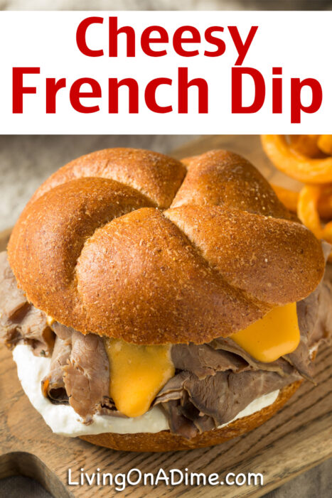 These cheesy French dip sandwiches are a cheap, easy and tasty plan ahead pot roast recipe! You can easily use leftover pot roast or roast beef to make these sandwiches in just a few minutes! They're sure to please your family, save you money and get you out of the kitchen fast!