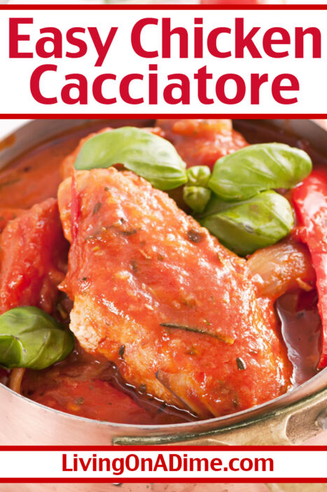 Here's an easy chicken and pasta dish your family is sure to love! This easy chicken cacciatore recipe is a tasty Italian dish that is quick and easy to make! A traditional family favorite that will leave everyone asking for more!