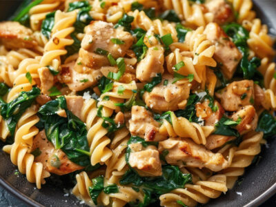 Experience the delightful combination of tender chicken and vibrant spinach in our easy Chicken Spinach Pasta recipe. This dish features succulent chicken breast and fresh spinach, all tossed in a savory garlic parmesan sauce.