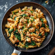 Experience the delightful combination of tender chicken and vibrant spinach in our easy Chicken Spinach Pasta recipe. This dish features succulent chicken breast and fresh spinach, all tossed in a savory garlic parmesan sauce.