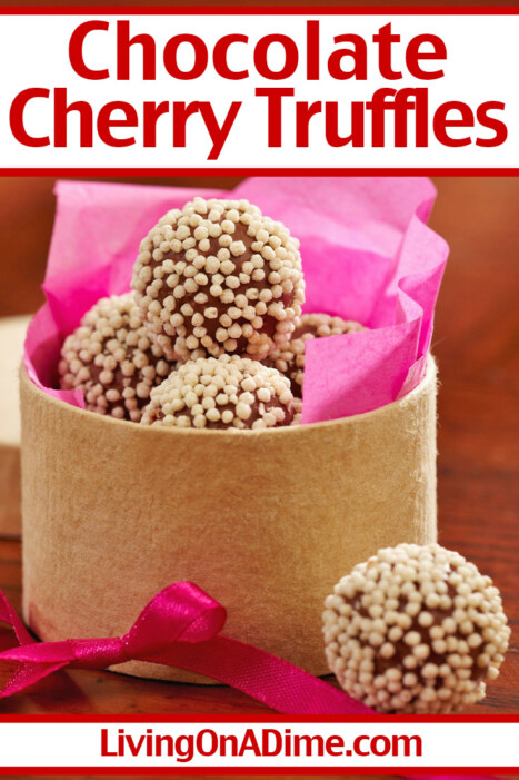 These chocolate cherry truffles are one of my husband's favorite Valentine's Day candy recipes! Starting with tasty chocolate and cherry flavors, you can modify this recipe to suit your own taste! You can roll the truffles in coconut, sprinkles, powdered sugar or dip in melted chocolate for a firmer outer shell! Get this and more Valentine's Day treats recipes here!