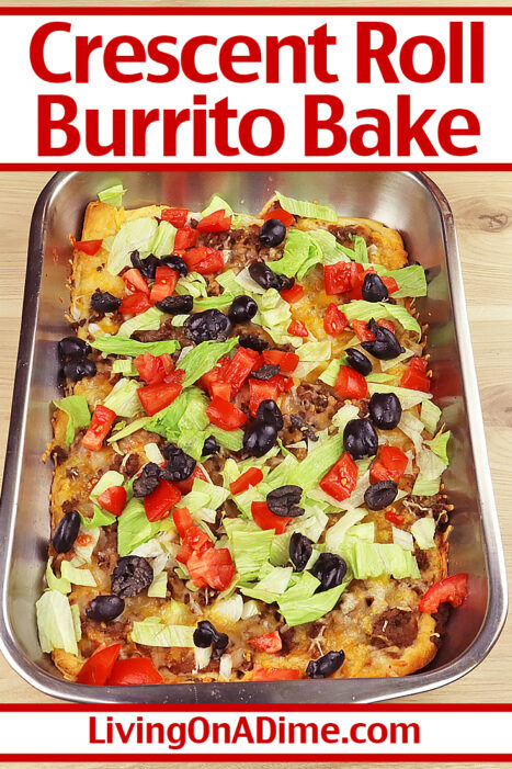 This easy burrito bake is a crescent roll recipe with a tasty Mexican style flavor, but with a more crispy crust! It's perfect for a quick family meal or cut into squares as a finger food for parties!