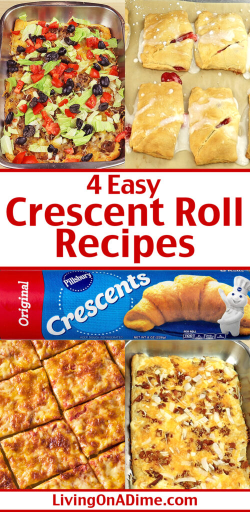 Here are 5 easy crescent roll recipes for tasty treats you can make in just minutes! Pizza bake, cherry turnovers, burrito bake and more!