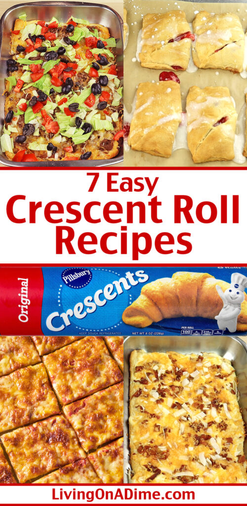 Here are 7 easy crescent roll recipes for tasty treats you can make in just minutes! Pizza bake, cherry turnovers, burrito bake and more!