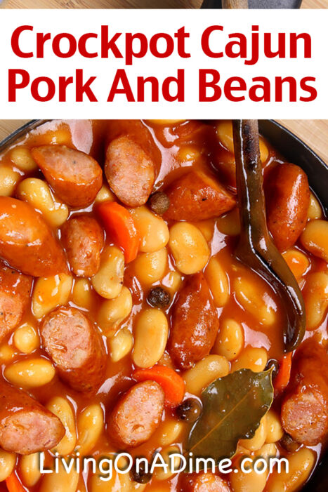 Here's an easy crocppot cajun pork and peans recipe for a hearty and delicious sweet and savory meal! Just toss the ingredients into the crockpot in the morning for an easy meal at dinner time!
