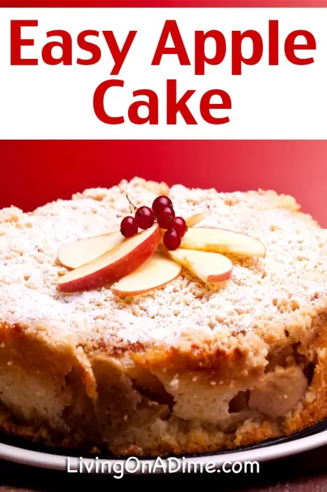 This easy apple cake recipe makes a great snack cake that reminds you of grandma’s house! It is similar to a coffee cake, with a yummy apple flavor and makes a good cake for fall! It’s a great way to use extra fresh apples.