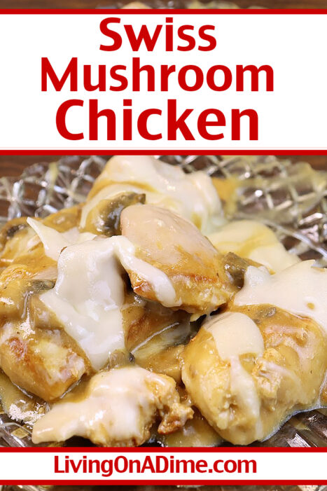 Swiss Mushroom Chicken in One Pan! This Swiss mushroom chicken recipe is an easy to make chicken dinner recipe you can make in just 15 minutes and it's oh, so delicious! This is one of my husband's favorite recipes and I'm sure you'll love it, too!