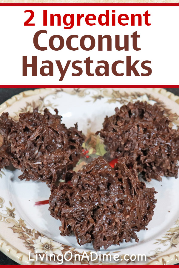 These 2 ingredient coconut haystacks are my husband Mike's favorite Christmas candy! They're super easy and quick to make and great for the coconut lover in your family. You can make them with milk chocolate, but dark chocolate is best to really bring out the contrast between the tasty dark chocolate and the light and flaky coconut! Find this and lots more easy Christmas candy recipes with 2 ingredients here!