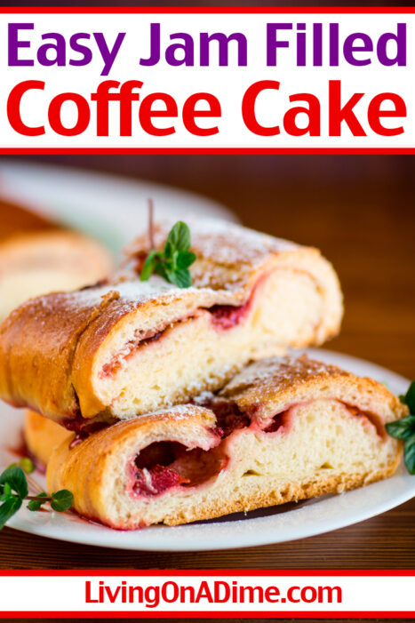 This easy coffee cake recipe is extra delicious because of its yummy fruit jam filling! It's easy to make as a cherry, strawberry, raspberry or blueberry coffee cake by just using different fruit filling! This tasty coffee cake is great for breakfast, special occasions or get togethers with family and friends!