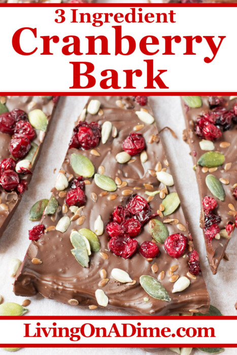 This easy 3 ingredient cranberry bark candy recipe includes a surprising combination of cranberries and pumpkin seeds for a unique and tasty Christmas flavor. Find this and lots more easy Christmas candy recipes with 3 ingredients or less here!