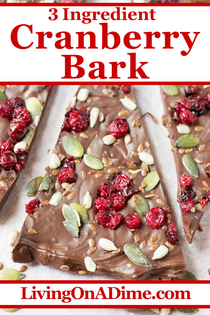 This easy 3 ingredient cranberry bark candy recipe includes a surprising combination of cranberries and pumpkin seeds for a unique and tasty sweet and sour Christmas flavor. Find this and lots more easy Christmas candy recipes with 3 ingredients or less here!