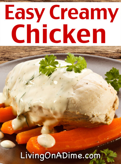 This easy creamy chicken recipe is quick and easy to make. It takes just a few minutes to prepare and then bake. It's perfect served with your favorite vegetable for an easy chicken dinner your family will love!