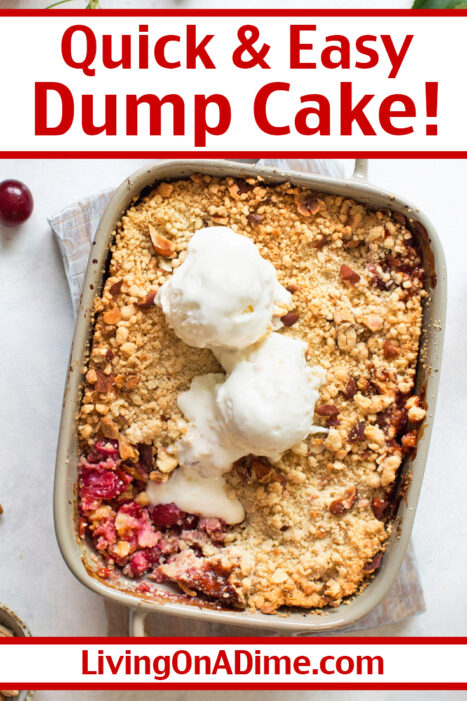 This super easy dump cake recipe can be made in 5 minutes with zero mixing. Just dump, spread, & bake for a fast, delicious dessert!
