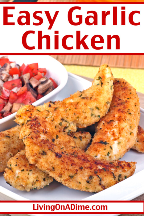 This easy garlic chicken recipe makes a delicious Italian themed garlic parmesan chicken. It is a perfect dinner recipe and one of our favorite chicken breast recipes. It's very versatile, but to make it easy, I serve it with rice and a vegetable like broccoli or Italian green beans.