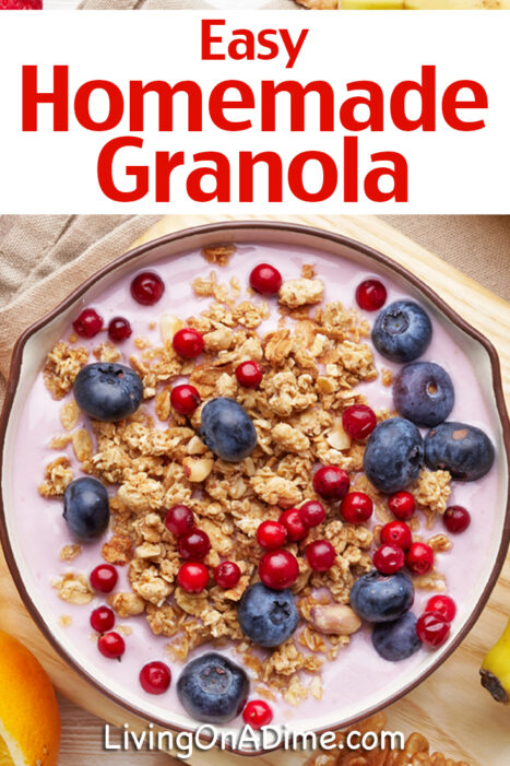 This easy homemade granola recipe makes a healthy and delicious granola perfect for snacks or breakfast! Easy to make and a lot less expensive than store bought granola, it's a tasty way to save on your food bill!