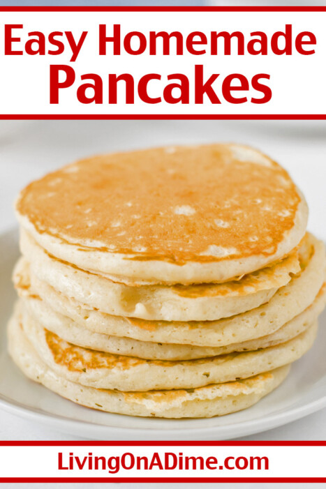 This easy homemade pancakes recipe takes about 15 minutes to make and everyone loves them! These pancakes are a staple at our house and your family will love them too! If you need cheap meal ideas and recipes, this recipe is a great breakfast basic!