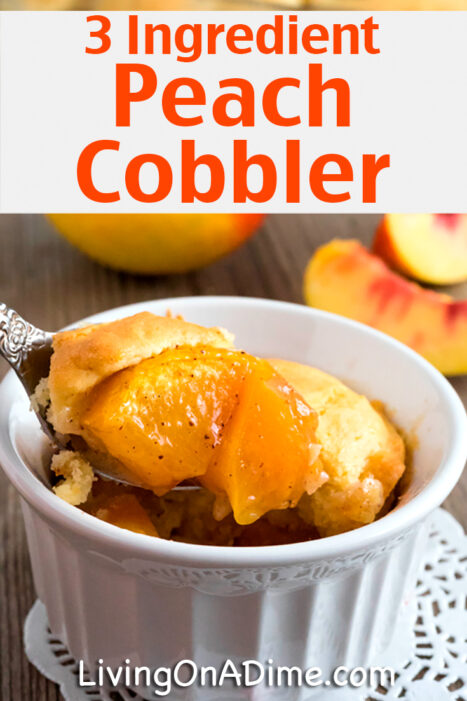 Easy 3 Ingredient Peach Cobbler Recipe. This is a quick and easy peach cobbler recipe that's especially great when you need something quick for a potluck or a dish to take to a loved one. Click here to get this easy and delicious recipe!