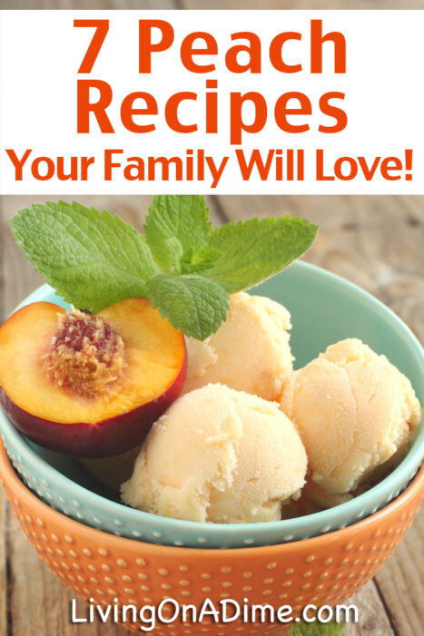 Here are 7 tasty peach recipes your family will love including an easy peach cobbler recipe, peach tea and more! This is a great way to enjoy that yummy taste of fresh summer peaches, while you take advantage of summer sales on peaches or use your leftover peaches!